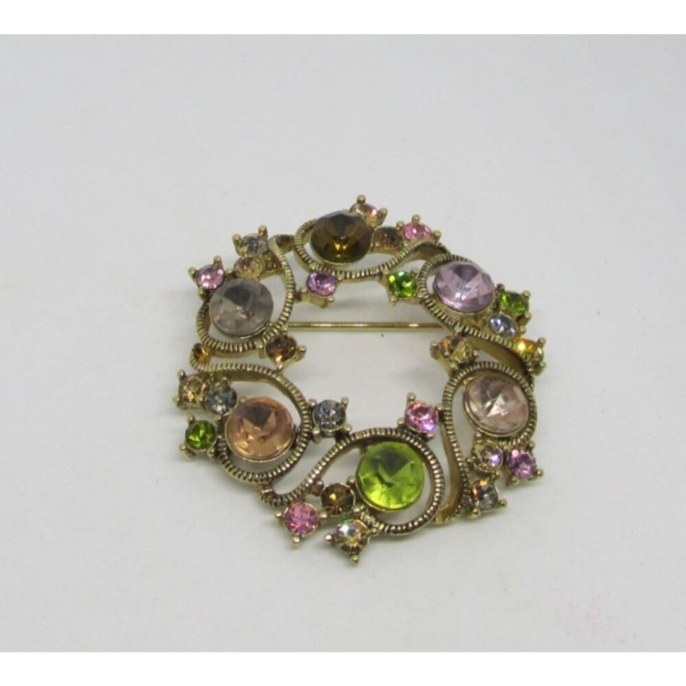 Vintage Monet Rhinestone Wreath Brooch Multicolored Gold Tone Fall Collectible